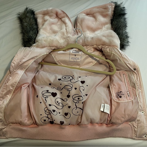 Talula duck down/feather puffer vest, pink, size S, grey fur hood, soft plushy - Picture 3 of 8
